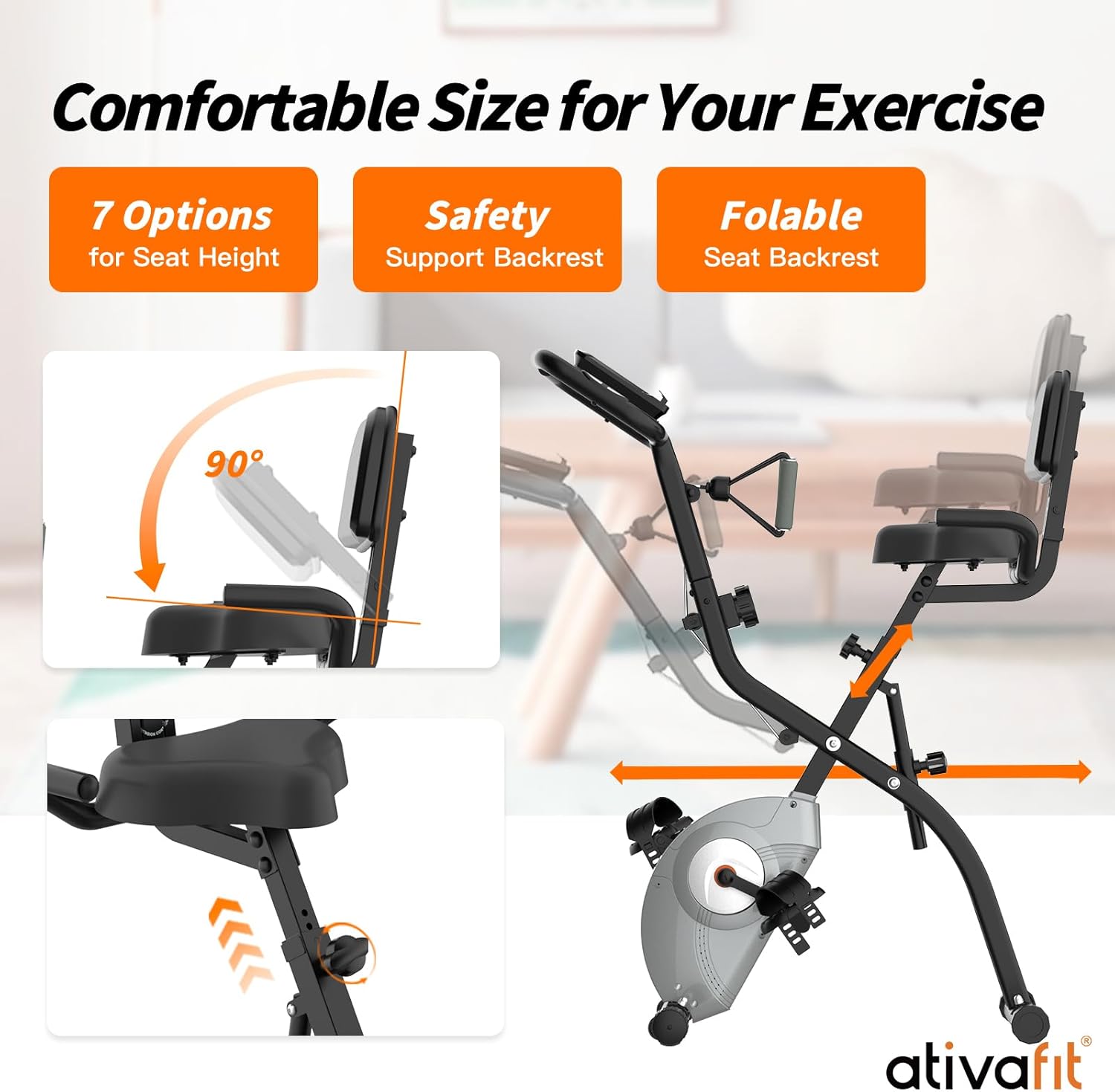 ATIVAFIT 3-in-1 Foldable Exercise Bike for Home, Upright & Recumbent Indoor Bike with 8-Level Magnetic Resistance, Resistance Bands, Quiet Cardio, Adjustable Seat - Image 6