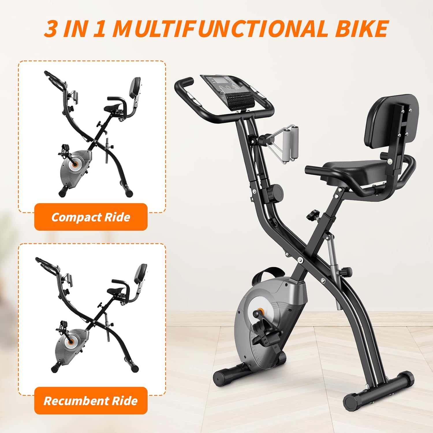 ATIVAFIT 3-in-1 Foldable Exercise Bike for Home, Upright & Recumbent Indoor Bike with 8-Level Magnetic Resistance, Resistance Bands, Quiet Cardio, Adjustable Seat - Image 3