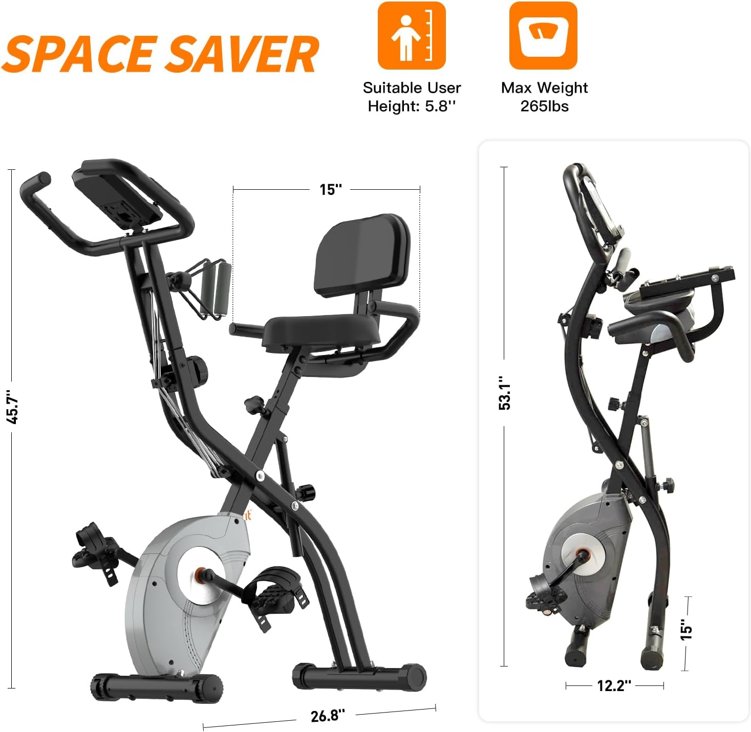 ATIVAFIT 3-in-1 Foldable Exercise Bike for Home, Upright & Recumbent Indoor Bike with 8-Level Magnetic Resistance, Resistance Bands, Quiet Cardio, Adjustable Seat - Image 4