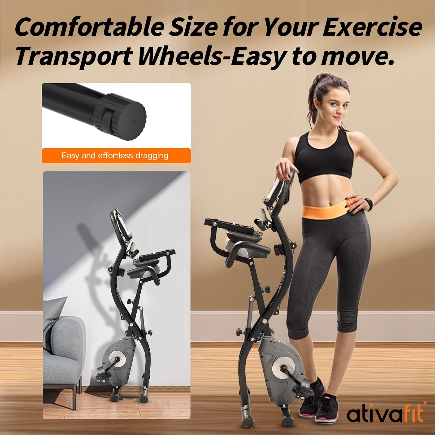 ATIVAFIT 3-in-1 Foldable Exercise Bike for Home, Upright & Recumbent Indoor Bike with 8-Level Magnetic Resistance, Resistance Bands, Quiet Cardio, Adjustable Seat - Image 8