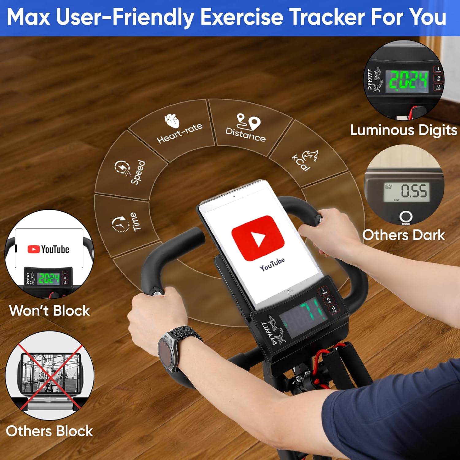 Alternative view of YYFITT 3-IN-1 Exercise Bike with Luminous Digits Display | Folding Stationary Bikes for Home Seniors | Compact Workout Bike with Fully Support Backrest - Wider Seat - 16 Level Magnetic Resistance
